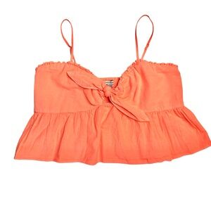 American Eagle Retro Babydoll Crop‎ Top Sz XL Neon Orange Smocked Linen Cotton
